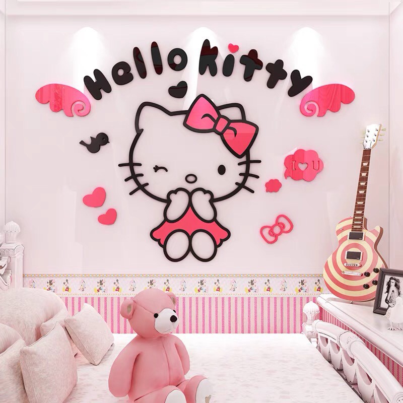 Tranh dán tường Mon Mon - Decal mica 3D hình kitty có cánh dễ thương, hình dán kitty trang trí phòng ngủ cho bé