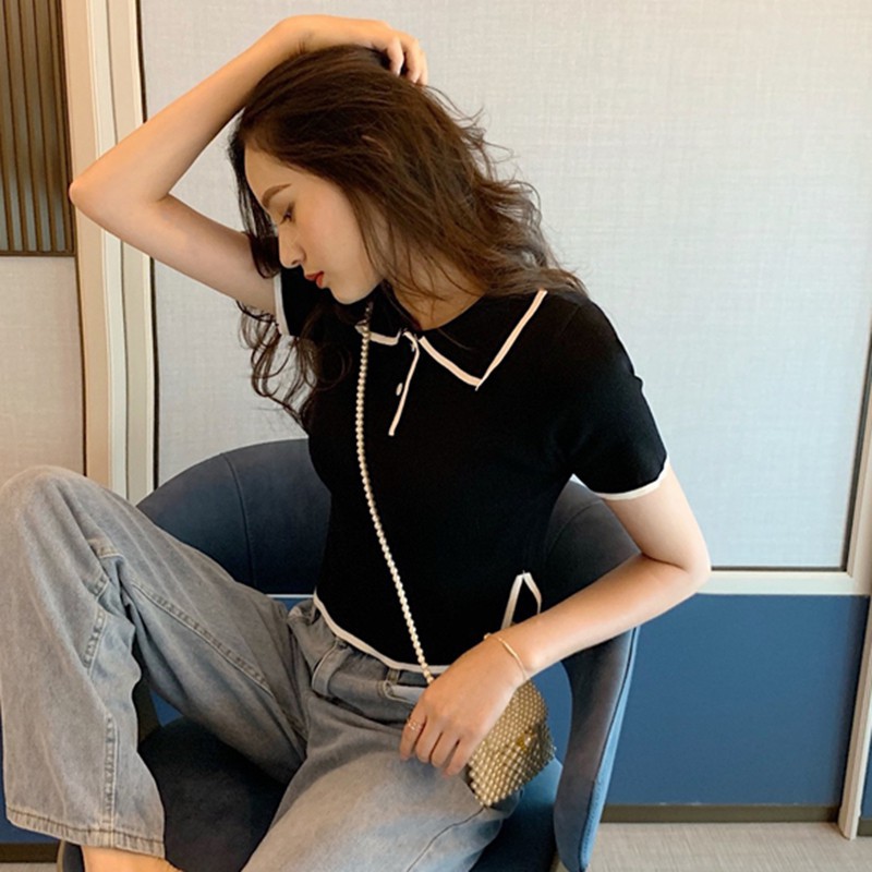 Áo Phông Áo Croptop Áo Thun Nữ Dệt Kim Ngắn Tay Cổ Tròn Màu Sắc Thời Trang