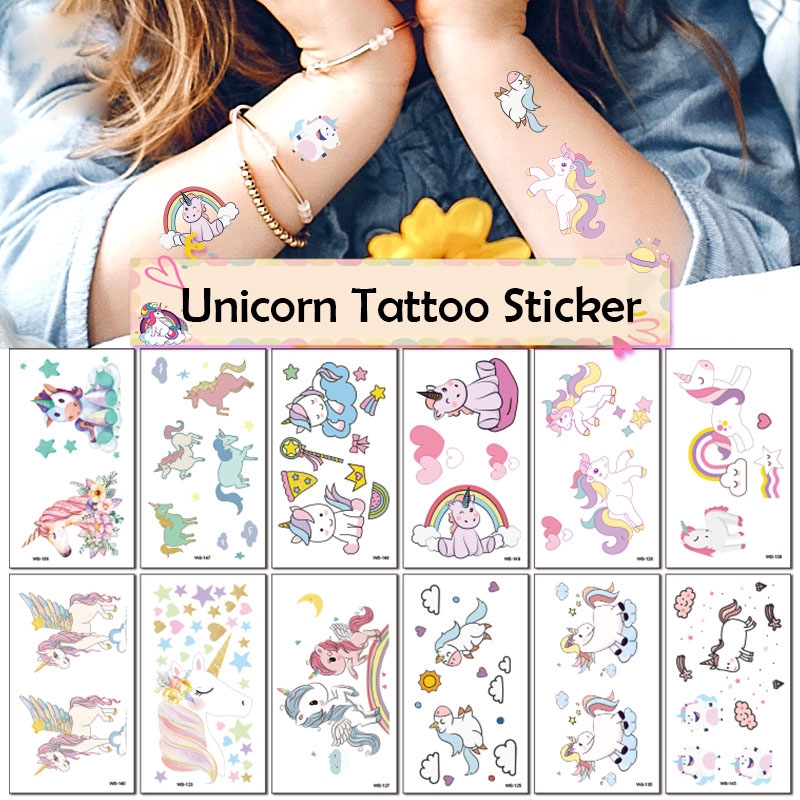Sticker hình xăm ngựa kỳ lân dán tạm thời an toàn không độc hại dễ thương cho bé