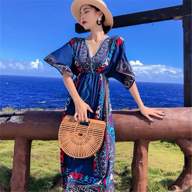 Váy boho cánh dơi maxi cổ V, kèm ảnh thật
