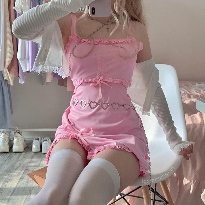 Brroa Đầm Mini Ôm Dáng Không Tay Phối Ren Và Dây Rút Phong Cách Harajuku Ngọt Ngào Mùa Hè Cho Nữ