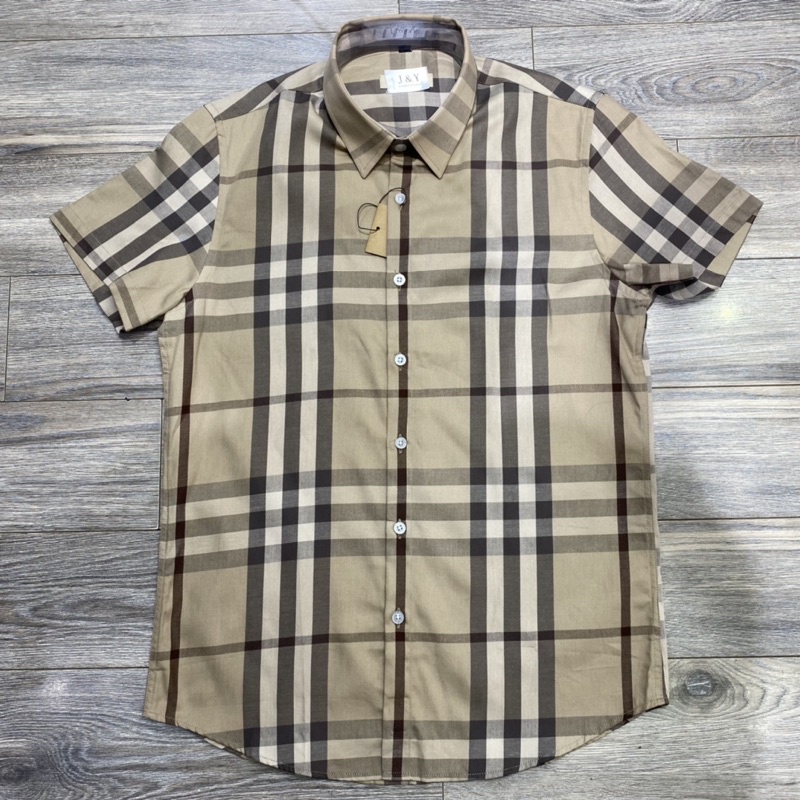 Sơ mi nam ngắn tay BBR chất cotton dày dặn thấm hút mồ hôi họa tiết kẻ nhỏ màu be