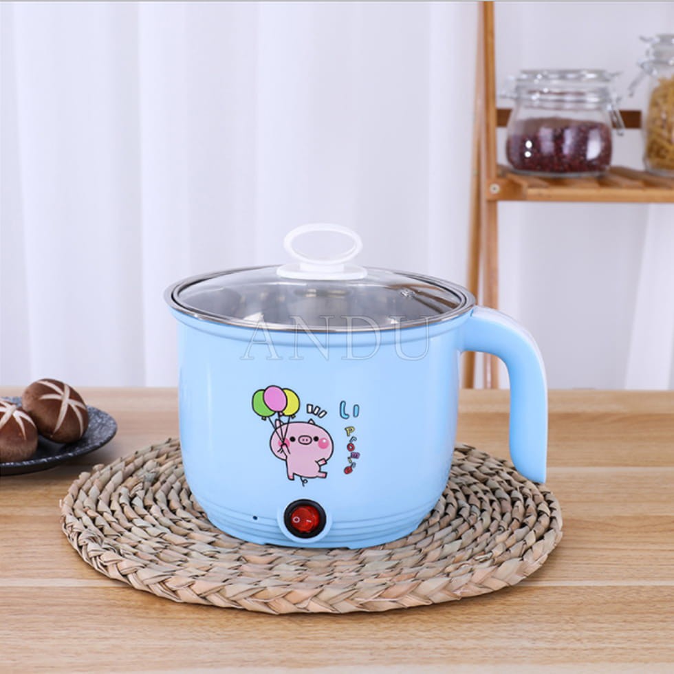 Nồi Nấu Mì, Nấu Cơm Đa Năng Có Tay Cầm 1,8L - Ca Nấu Lẩu Mini Kèm Giá Hấp + 1 Khay Luộc Trứng Siêu Tiện Dụng