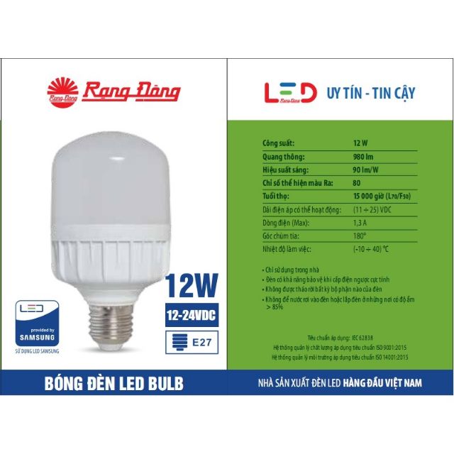 [CHÍNH HÃNG] Bóng đèn LED kẹp bình ắc quy 12V - 24V DC 7W / 9W /12W Rạng Đông