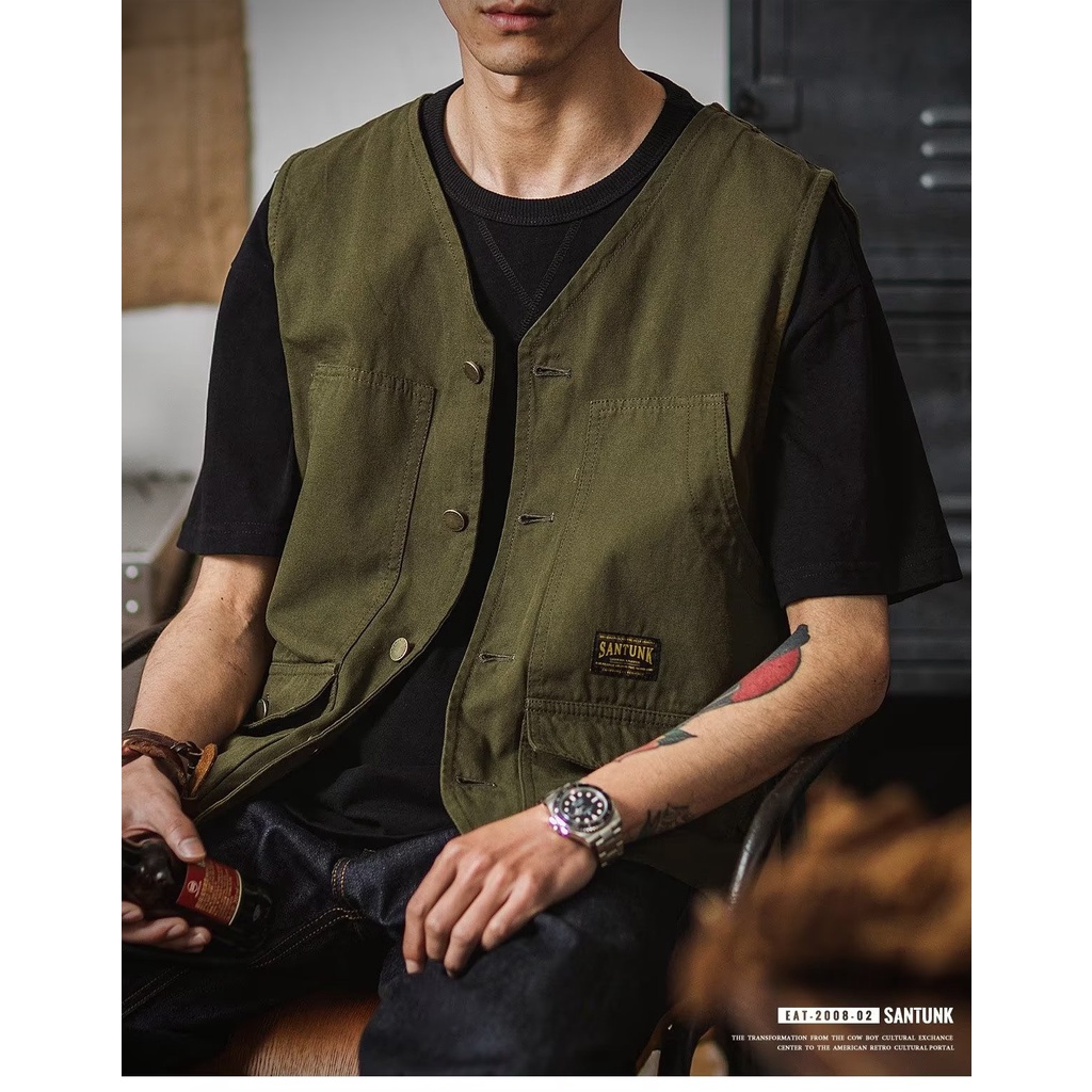 Áo Khoác Cotton Không Tay Phối Túi Cá Tính Theo Phong Cách Retro Nhật Bản Dành Cho Nam