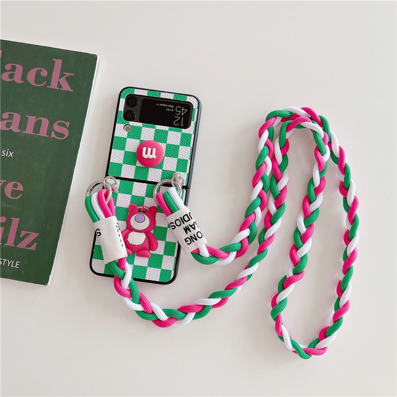 Ốp Điện Thoại Da PU Màu Xanh Lá Phối Dây Đeo Chéo Đính Hạt Dài Chống Sốc Cho Samsung Galaxy Z Flip 3 5G Flip3 Zflip3 Z Flip3 Z3