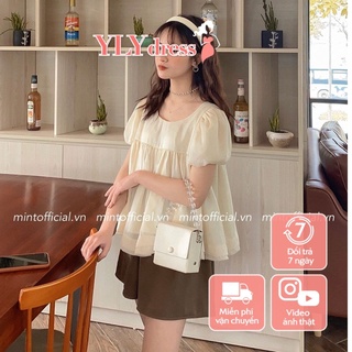 Set áo nữ cộc tay voan be dáng babydoll phối quần sooc kaki nâu cạp chun form rộng dáng suông freesize hàn quốc C794