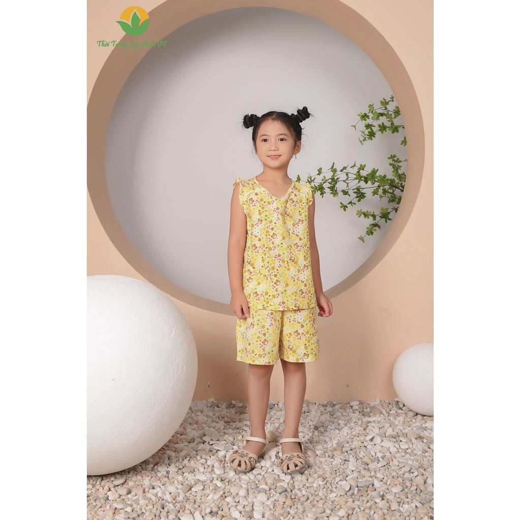 Bộ đồ cotton Việt Thắng quần đùi áo sát nách họa tiết bé gái B62.2212