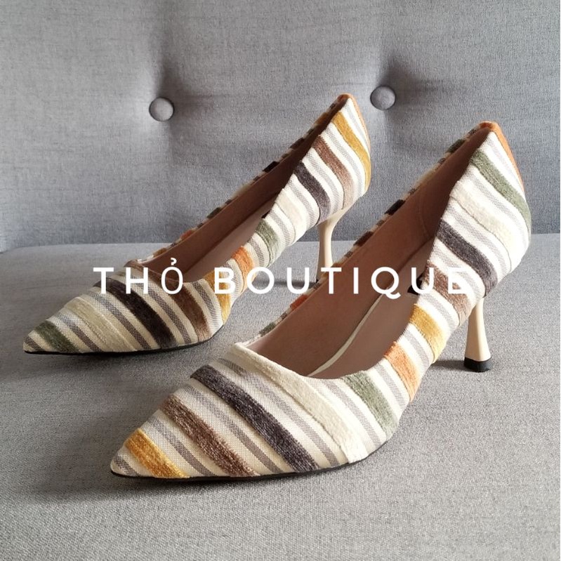 Giày cao gót WDQJI nhung sọc nhiều màu phối vải linen 7cm size 38-39