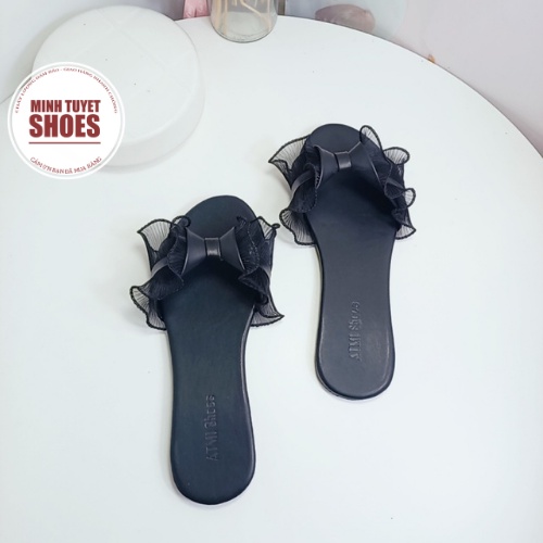 Dép nữ đế bằng minhtuyetshoes quai ngang phối nơ lụa đẹp đi biển phong cách ulzzang tiểu thư