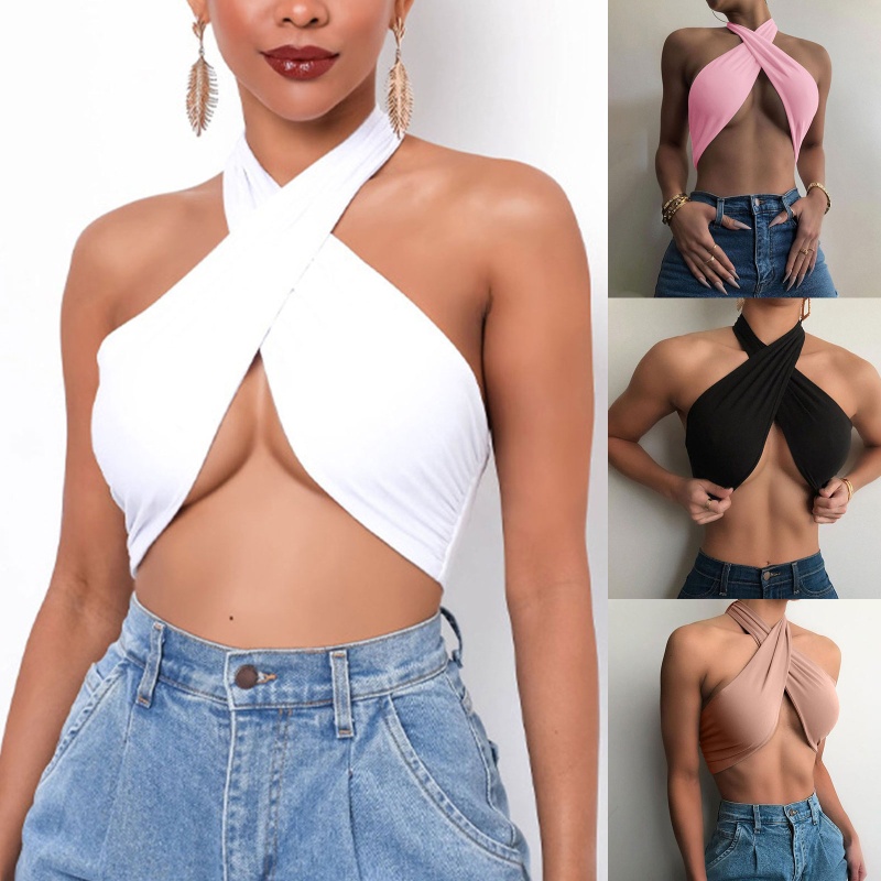 Brroa Áo Croptop Hai Dây Màu Trơn Hở Lưng Gợi Cảm Cho Nữ