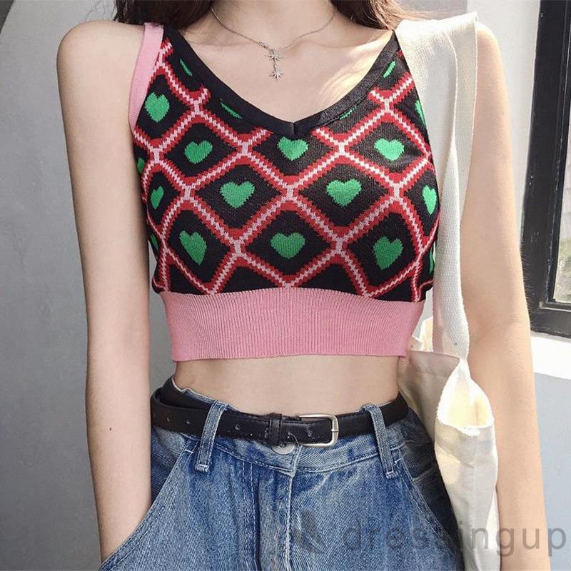 Áo Dệt Kim Sát Nách Hở Rốn Màu Tương Phản Thời Trang Cho Nữ