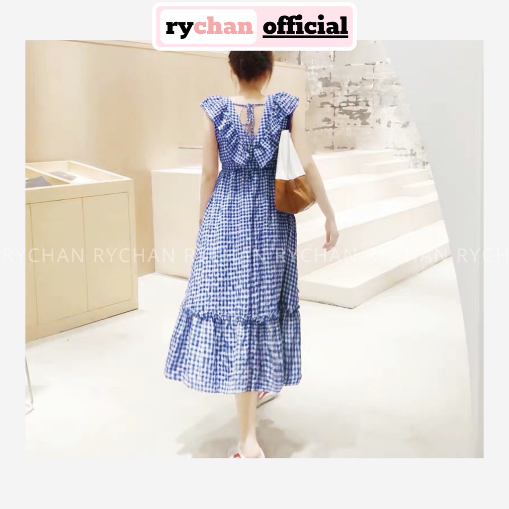 Đầm Dạo Biển Maxi Caro Đuôi Cá Nơ Sau Phối Bèo 2 Màu Xanh Đỏ - DM016