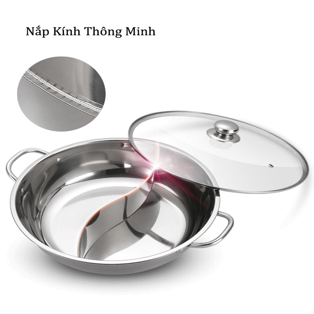 Nồi lẩu 2 ngăn inox đường kính 30cm cao 8cm sử dụng bếp từ, bếp ga và bếp cồn