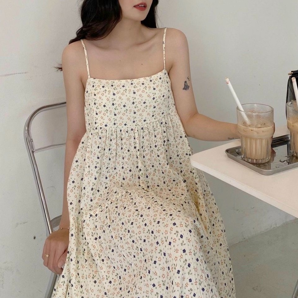 Đầm Suông Hai Dây Hoa Nhí Vàng Vintage 🌺 Váy 2 dây hoa nhí vàng vintage dáng dài Ulzzang 🌺