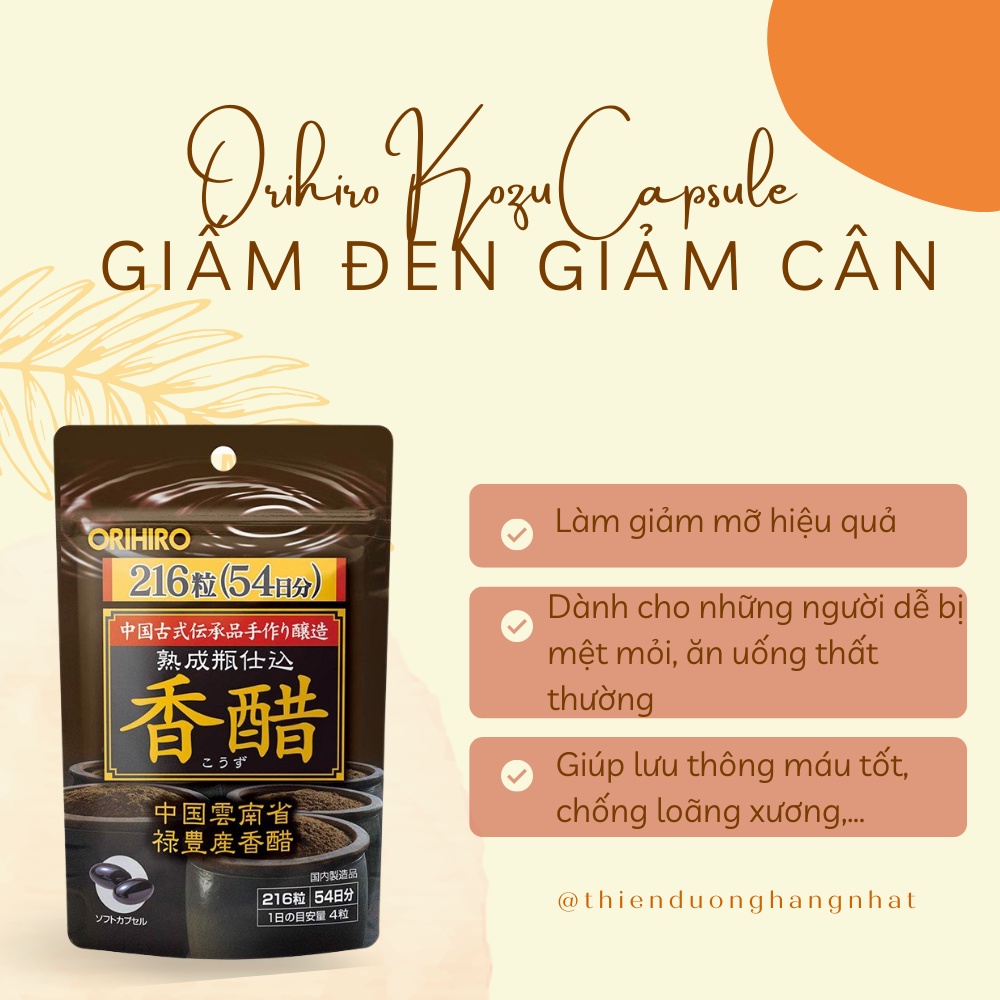 Viên Orihiro Kozu Capsule, giấm đen giảm cân Orihiro Nhật Bản túi 216 viên