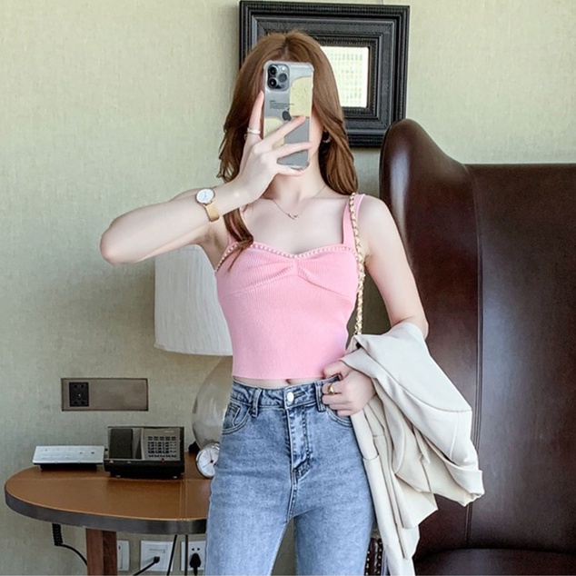 Áo hai dây ZHELIHANGFEI dệt kim ngắn đính hạt công nghiệp gợi cảm