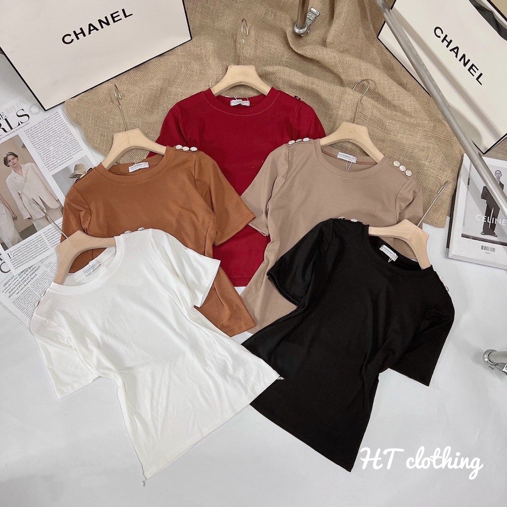 Áo phông nữ phối khuy vai chất cotton mềm mát ạ, áo thun nữ chết đẹp loại 1