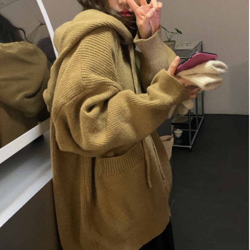 Áo khoác cardigan ZHELIHANGFEI dệt kim tay dài dáng rộng có mũ thời trang phong cách preppy