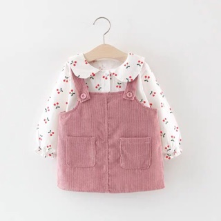 Váy yếm nhung kèm áo cherry cho bé gái