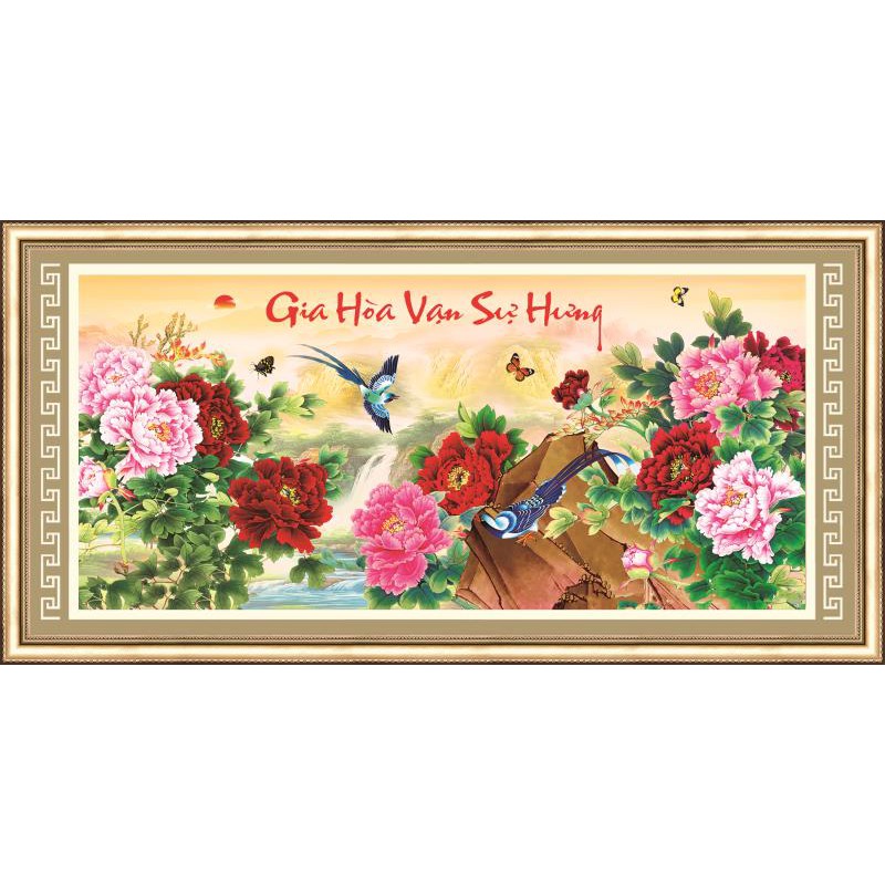 Tranh thêu chữ thập Gia Hoà Vạn Sự Hưng mẫu đơn |103x52 cm| 3D AL53597- chưa thêu