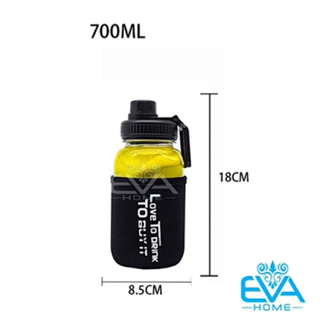 Bình Đựng Nước Thuỷ Tinh Nắp Bật Có Quai Cầm Love To Drink 700ml Tặng Kèm Vỏ Bọc Vải Neoprene