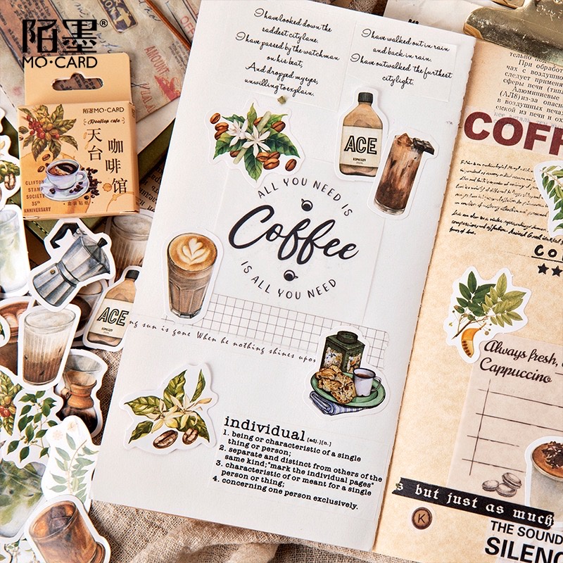 Bộ 200 sticker chủ đề COFEE VINTAGE dùng để trang trí điện thoại di động/ván trượt/vali không để lại dấu keo