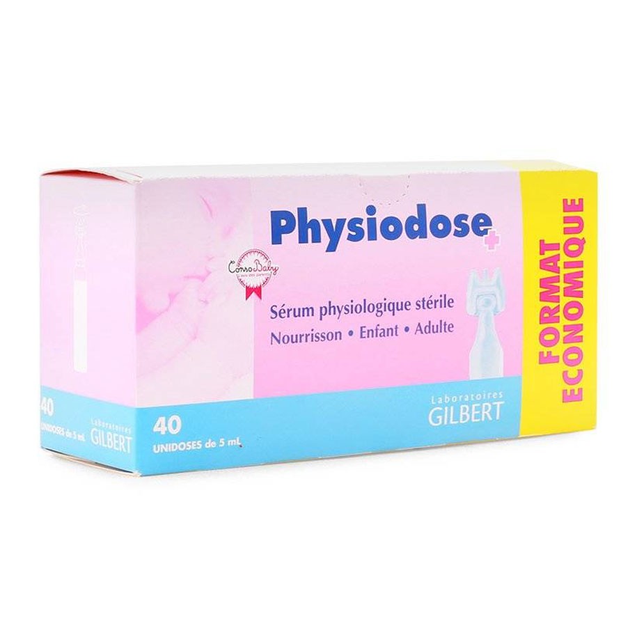 Nước Muối Sinh Lý Physiodose Hộp 40 Tép x 5ml (Rửa mắt, mũi, làm sạch vùng bị nhiễm khuẩn cho trẻ sơ sinh)