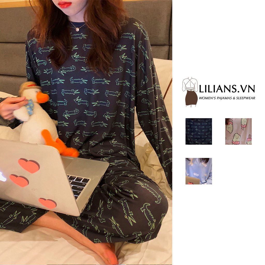 Lilians.vn Bộ mặc nhà Đồ ngủ nữ dài tay quần dài thun mềm vải mỏng mặc thoáng mát pijama cho nữ từ 45kg - 65kg