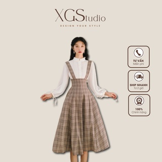 Set váy đầm yếm kẻ caro + áo sơ mi tiểu thư sang chảnh (Ảnh thật ở cuối) - A570