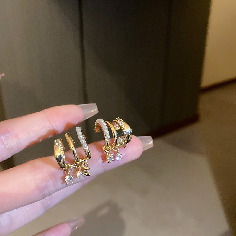 Bông Tai Hình Học Ba Lớp Đính Ngọc Trai Zircon Phong Cách Hàn Quốc Cho Nữ