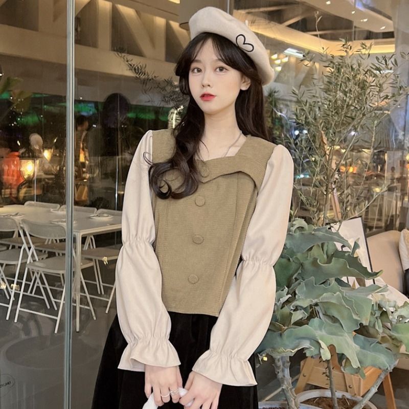 Áo sơ mi tay dài cổ vuông phong cách retro thời trang mùa đông 2021