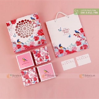 Bộ túi hộp trung thu 4 bánh 150g - 250g hoa chuông đỏ