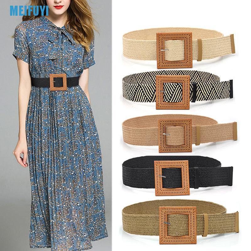Thắt Lưng Đan Rơm Co Giãn Khóa Vuông Phong Cách Boho 439v