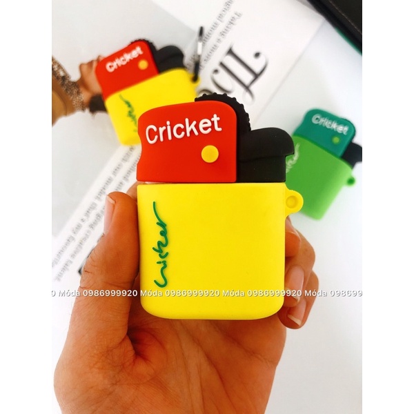 Vỏ hộp sạc airpods 1/2 bật lửa Cricket vàng Silicon