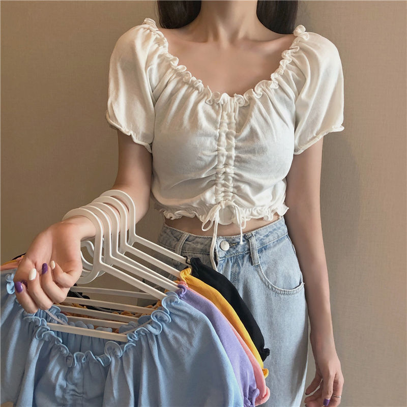 Áo kiểu croptop tay ngắn phối dây rút xinh xắn thời trang dành cho nữ