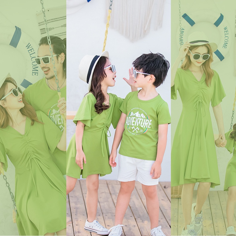 〖Chất liệu cotton, phong cách phương Tây, phiên bản Hàn Quốc, Happy Bandy 02 mẫu_ Quần áo trẻ em〗 Bộ quần áo đôi dành cho gia đình và con cái mỏng manh ~ áo dài nữ bộ áo phông nam (áo ngắn tay + quần đùi) bộ hai mảnh