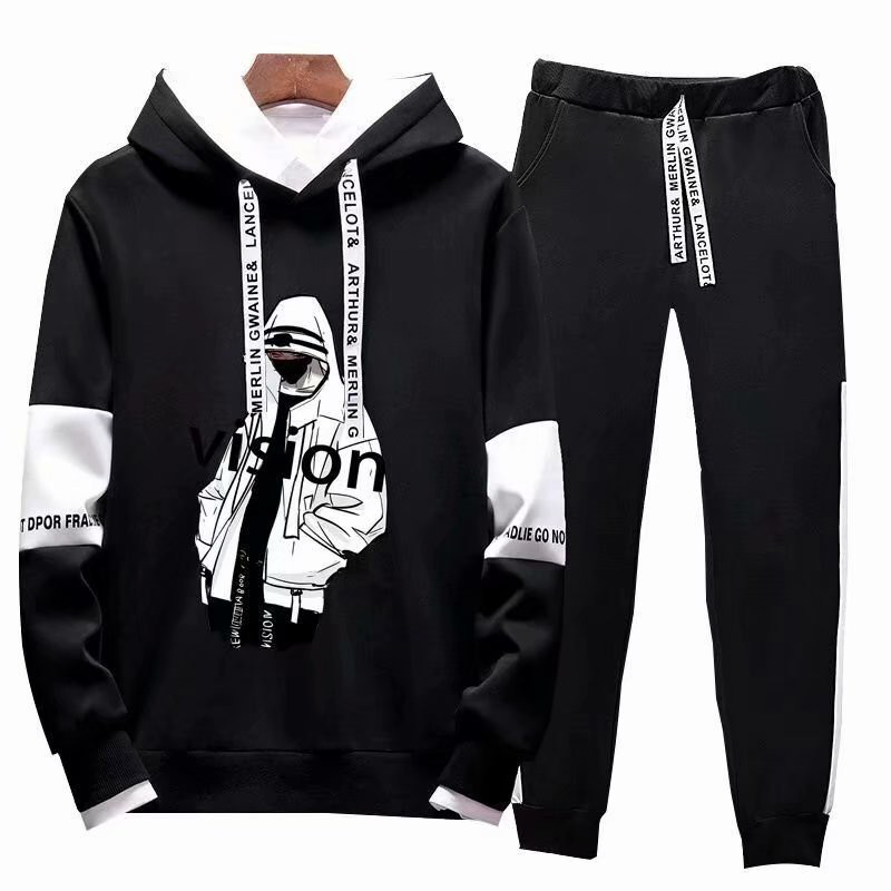 Set of long-sleeved hoodie + pants printed with European and American style, dynamic personality