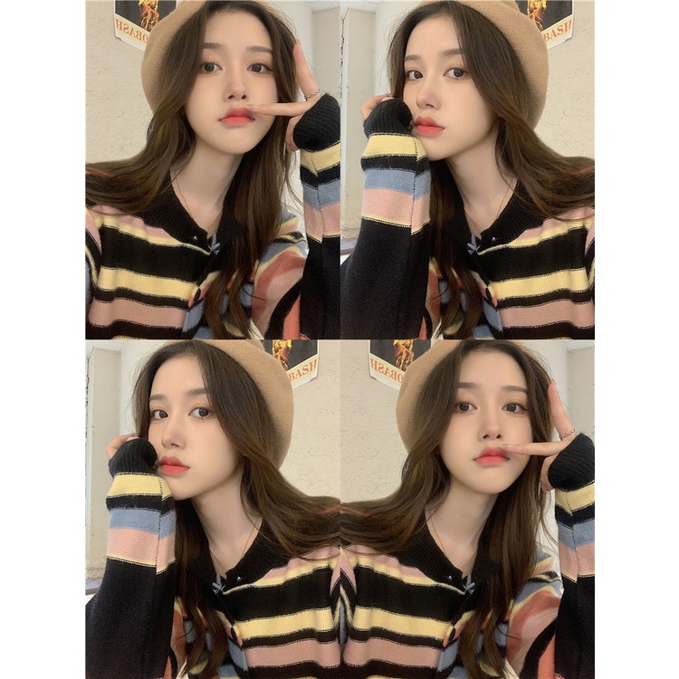 Áo Cardigan Dệt Kim Mỏng Kẻ Sọc Cầu Vồng Phong Cách Thời Trang Pháp Mới Dành Cho Nữ