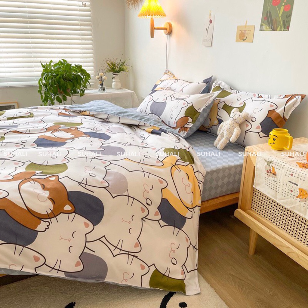 Bộ chăn ga giường cotton poly SUHALI tổng hợp mẫu mới 2021 gồm vỏ chăn mền, drap nệm và 2 vỏ gối