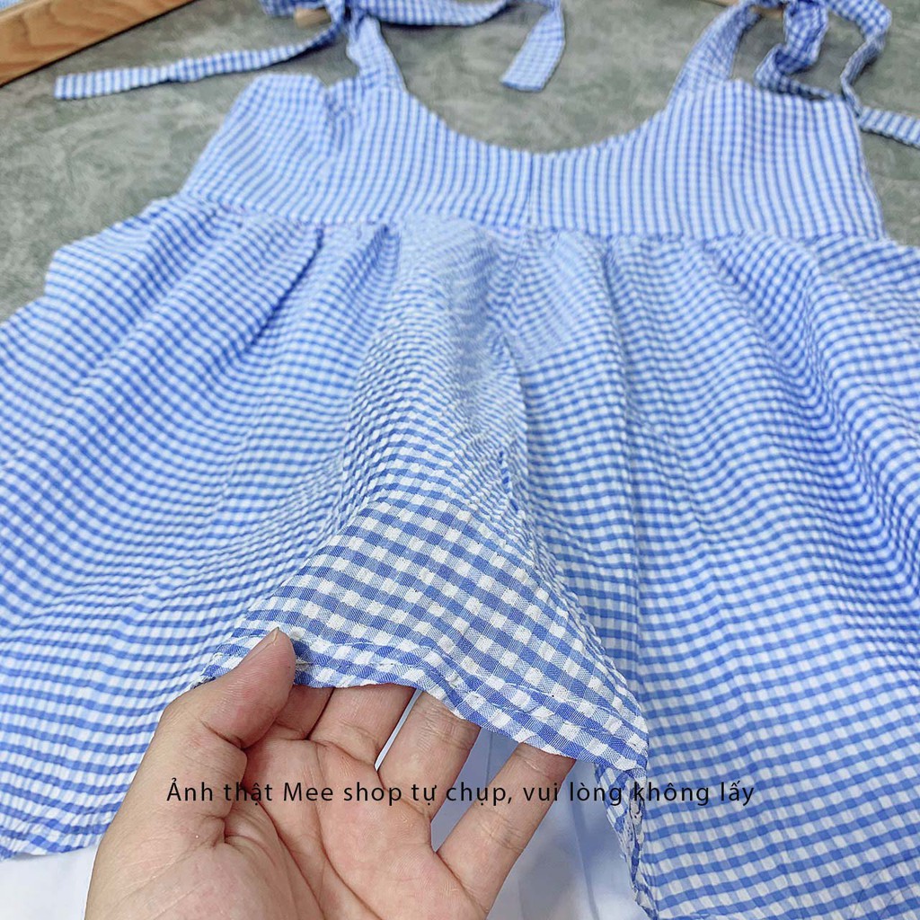 Set áo babydoll nơ vai kẻ xanh- Hai dây kẻ xanh đũi xốp kèm sooc trắng Mee