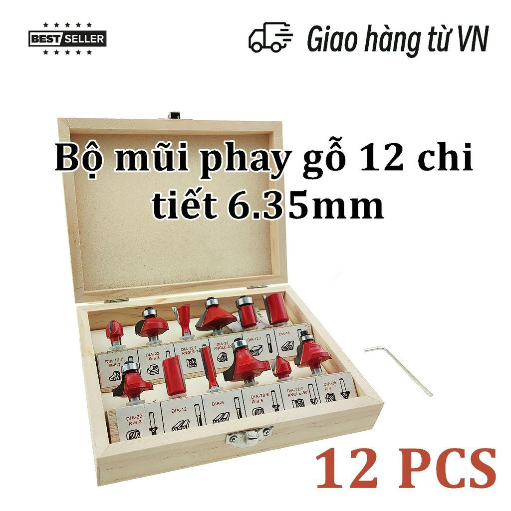 Bộ mũi phay gỗ 12 chi tiết 6,35mm , Bộ mũi soi gỗ 12 chi tiết , Bộ phay , bộ mũi phay , bộ mũi router