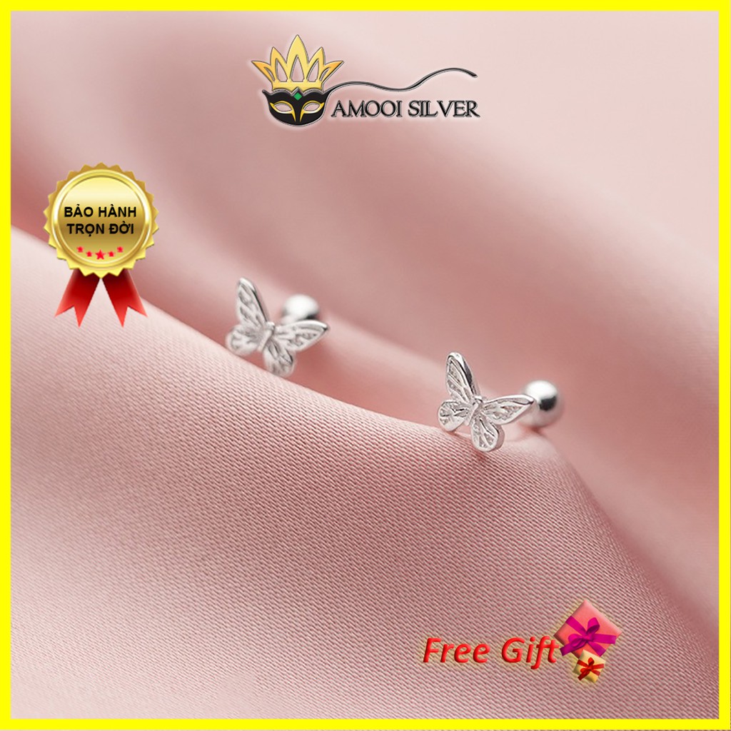 Bông tai bạc S925 hình con bướm chui vặn - Amooi Silver AB201