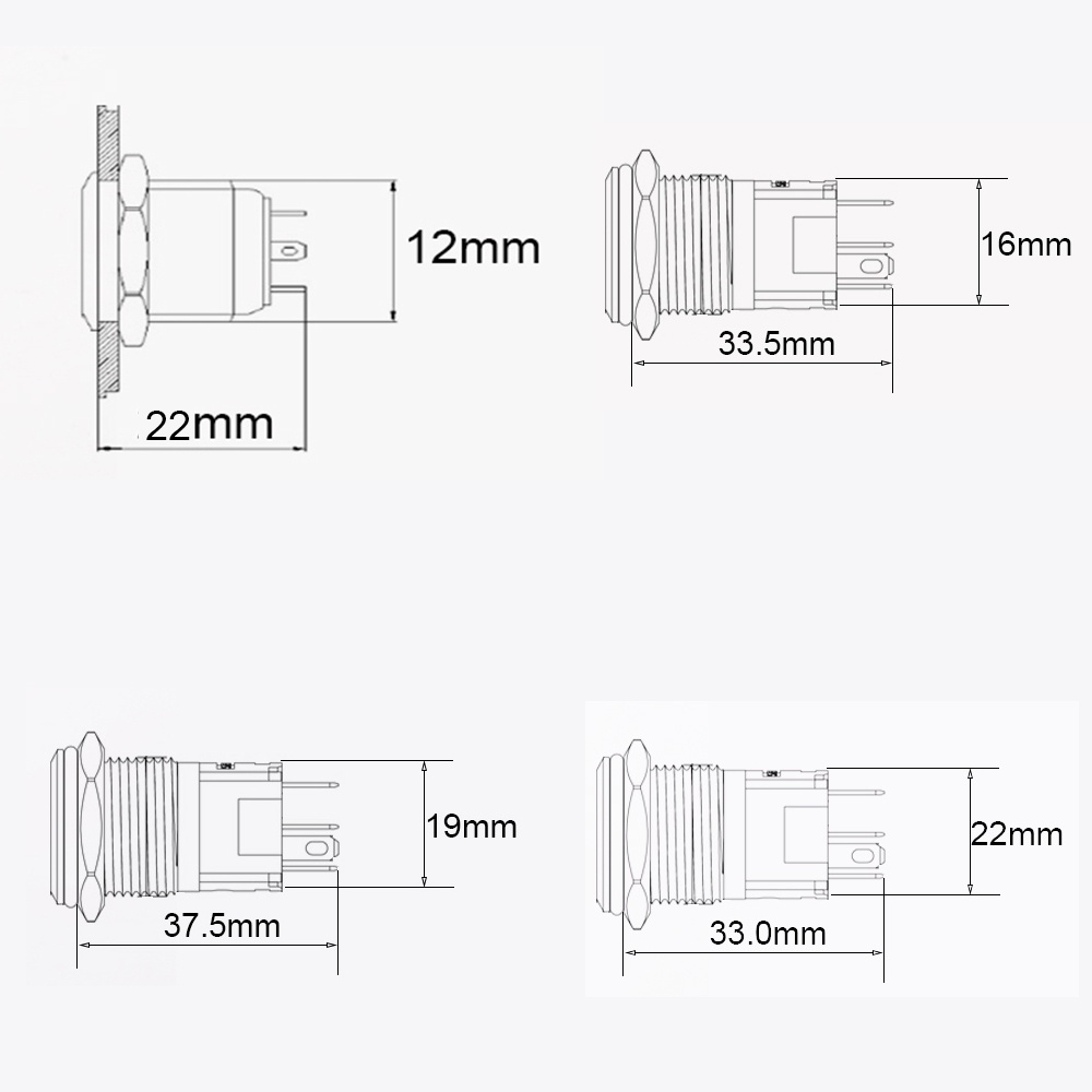 Công Tắc Nút Nhấn Đèn led Điện Tử 12mm Vỏ Kim Loại Màu Đen / Bạc Chống Nước 12v 220v 24v 3v 6v