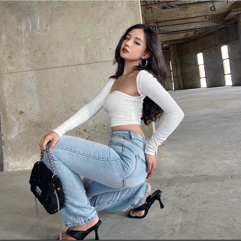 Áo Croptop Cổ Vuông Ôm Body Tay Dài Quyến Rũ