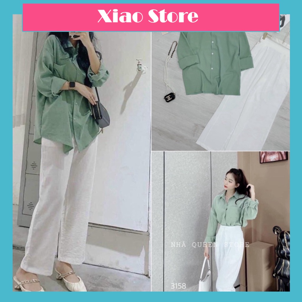 Sét bộ áo sơmi xanh tay dài kèm quần vải cứng trắng from thụng Uniex xiao shop