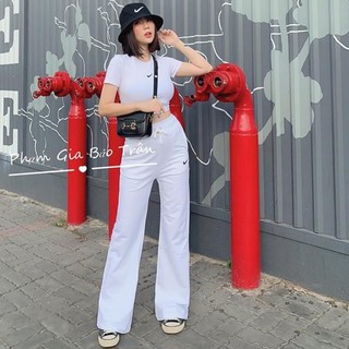 set bộ quần ống rộng áo croptop thêu hình mặt trăng khuyết