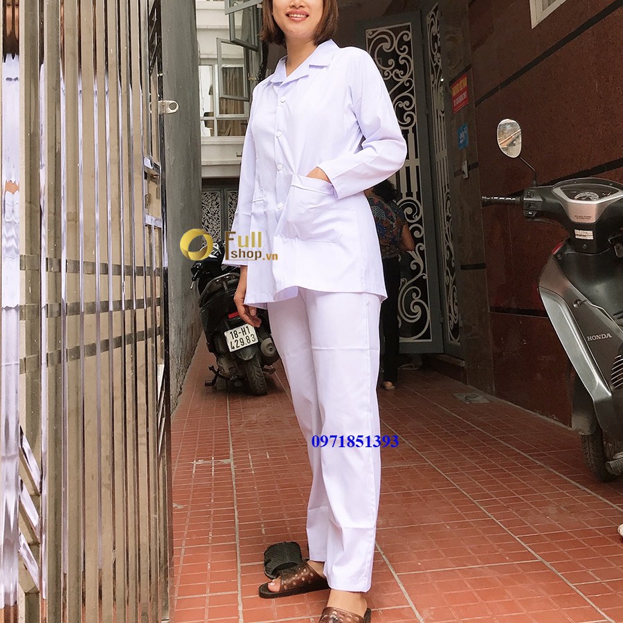 Áo blouse nam nữ dáng ngắn dài tay - áo blu y tá, điều dưỡng, dược sĩ dài tay