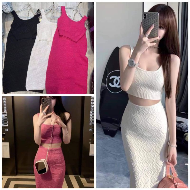Sét áo len 2 dây croptop + chân váy dài hàng QCL1