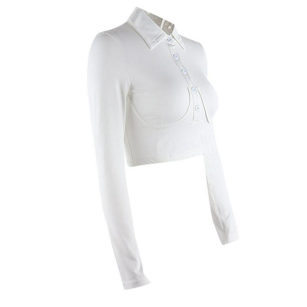Áo Sơ Mi Croptop Tay Dài Phối Nút Màu Trơn Thời Trang Cho Nữ